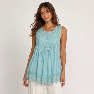 JW Style Tunic Top Large Aqua Blue Crochet Lace Mesh Lined Boho Sleeveless